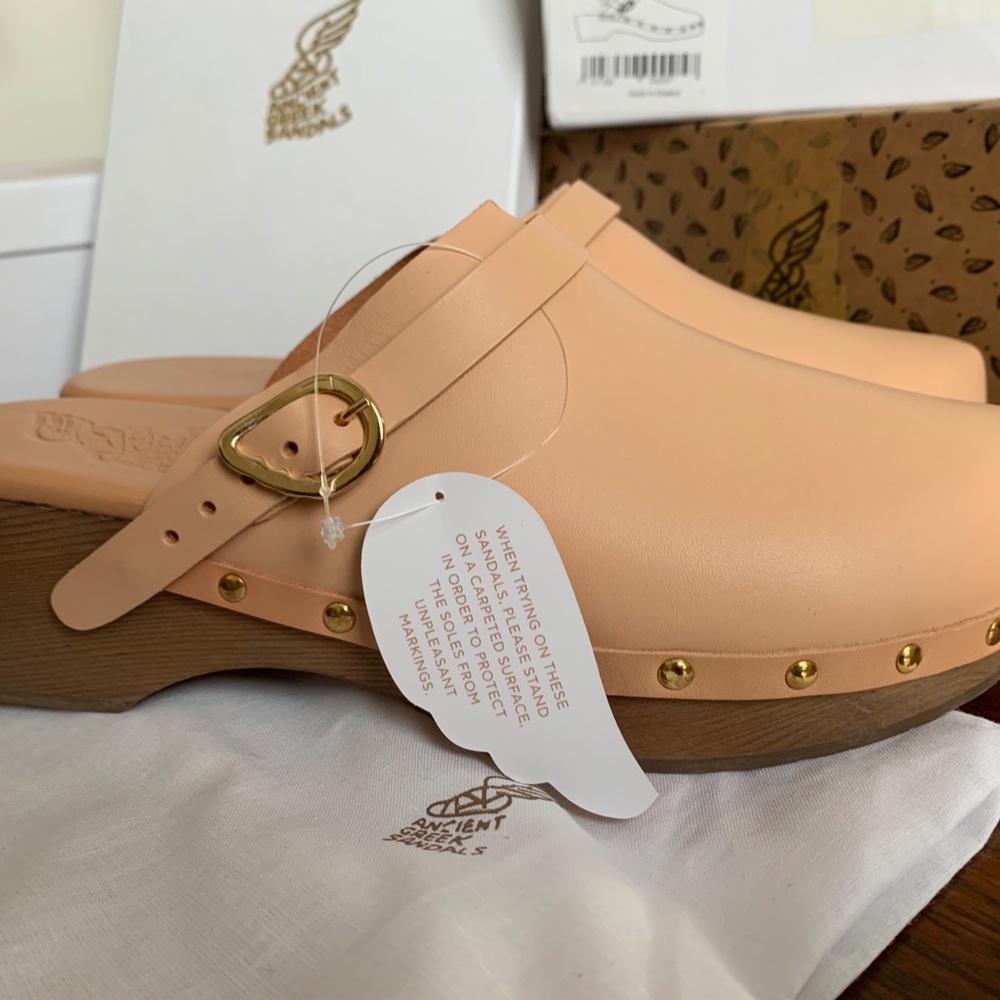 Classic Gold Studded Natural Leather Platform Clogs, Ancient Greek Sandal, sz 41